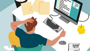 Illustration depicting a person focusing on a monitor while sat at a desk, in an indoor setting