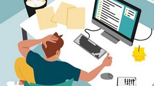 Illustration depicting a person focusing on a monitor while sat at a desk, in an indoor setting