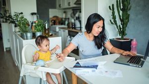 Woman on laptop while entertaining her baby with a pen