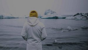 The back of a person as they look across open water at polar ice caps