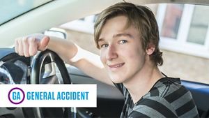 Side photo of a young driver in the driving sseat of a car, smiling with his thumb up - General Accident logo inset