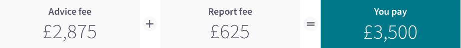 Example based on an investment amount of £150,000: Advice fee of £2,875 add a report fee of £625 equals what you pay: £3,500