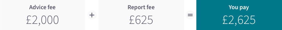 Example based on an investment amount of £100,000: Advice fee of £2,000 add a report fee of £625 equals what you pay: £2,625.