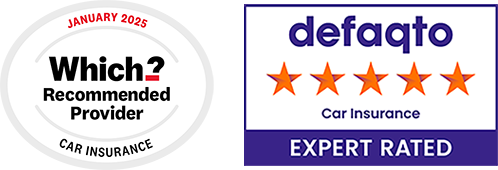 Which? Best Buy Car Insurance January 2025 logo and Defaqto 5 Star rated Car Insurance logo