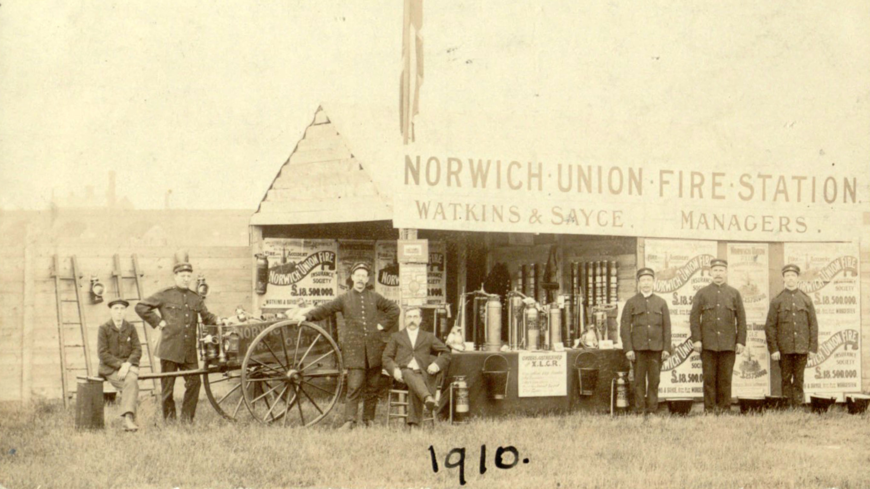 Norwich Union, Worcester Fire Brigade stand at local show (possibly Three Counties) 1910