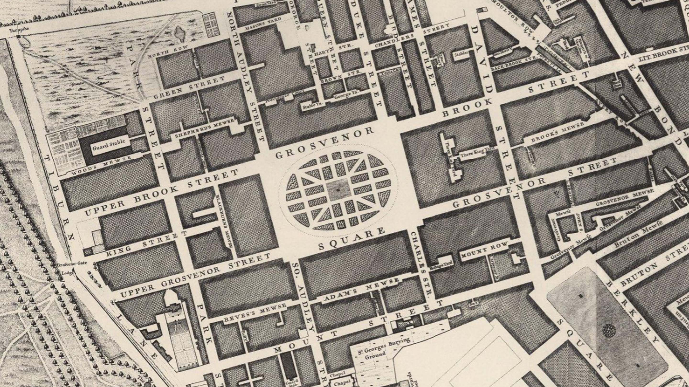 Grosvenor Square, as featured on John Rocque’s 1746 map of London (image credit David Rumsey Map Collection, David Rumsey Map Center, Stanford Libraries)