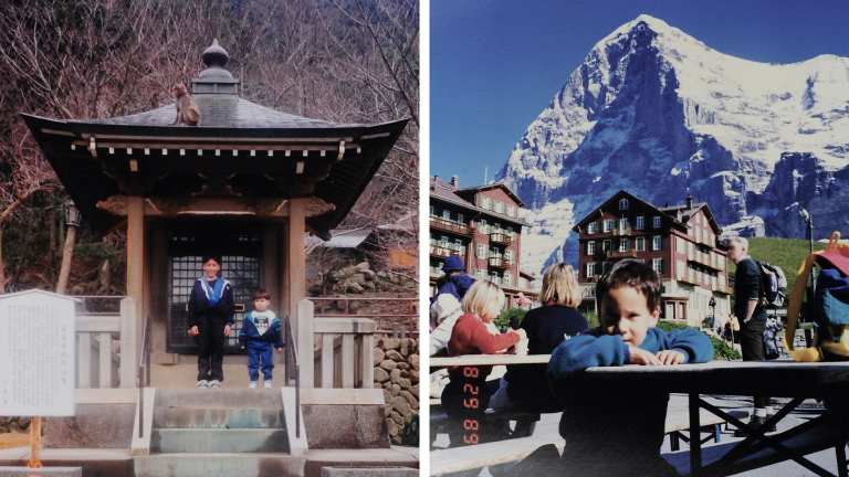 Two images, one of Brian and his younger brother, Chris, at Mount Takasaki in Oita Prefecture, Japan. The second picture is of Brian as a child in Switzerland, with Eiger rising behind him