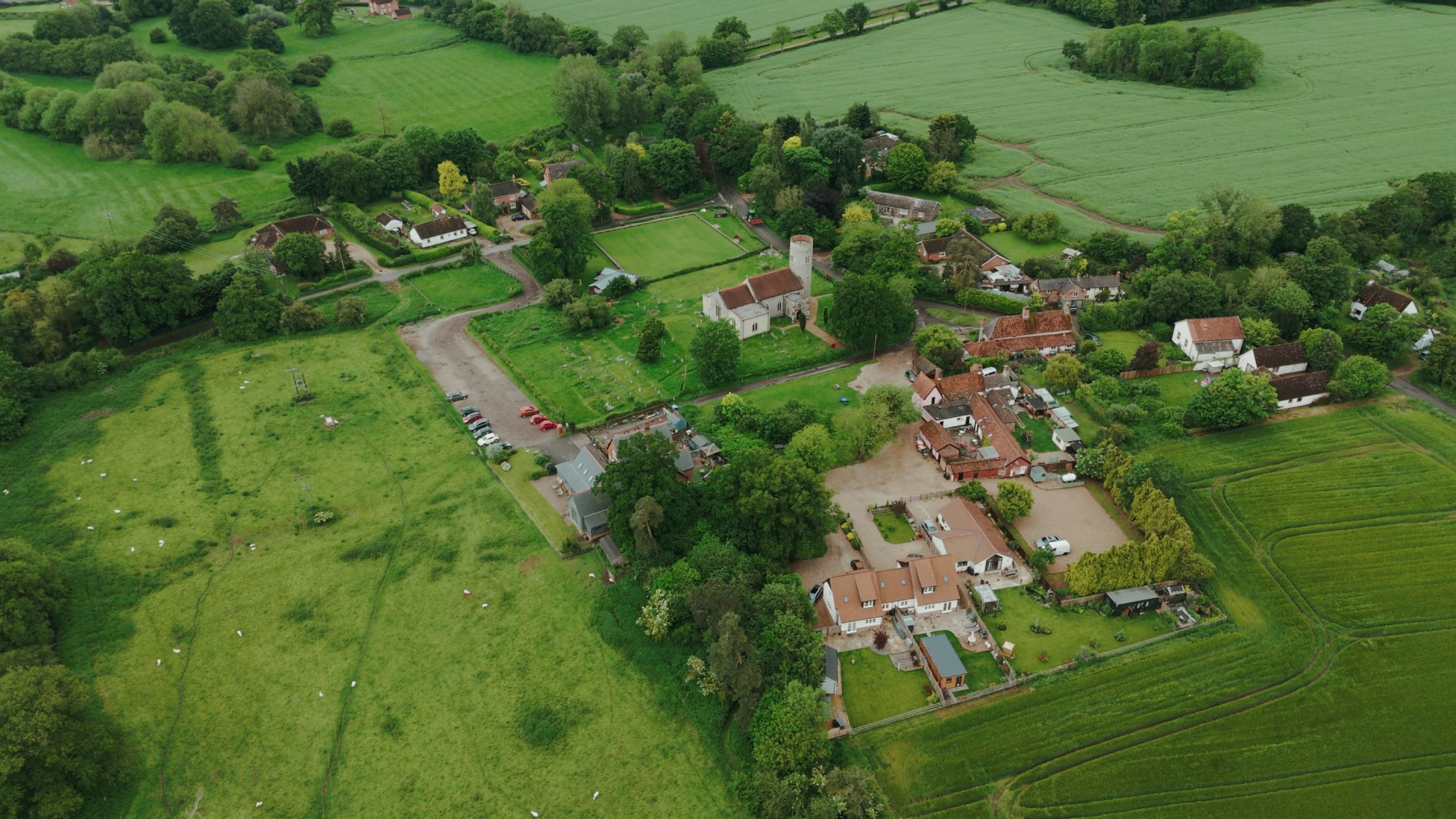 Aerial shot of a Norfolk village