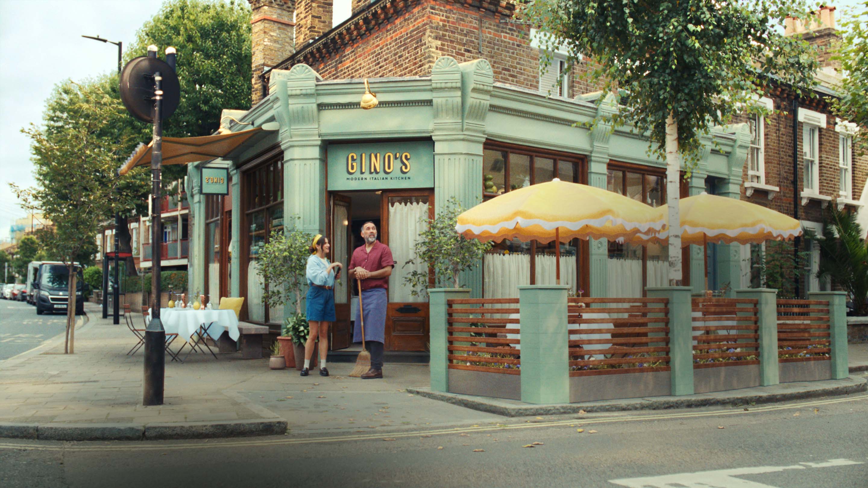 Still from the new Aviva advert showing a father and daughter outside their family resteraunt