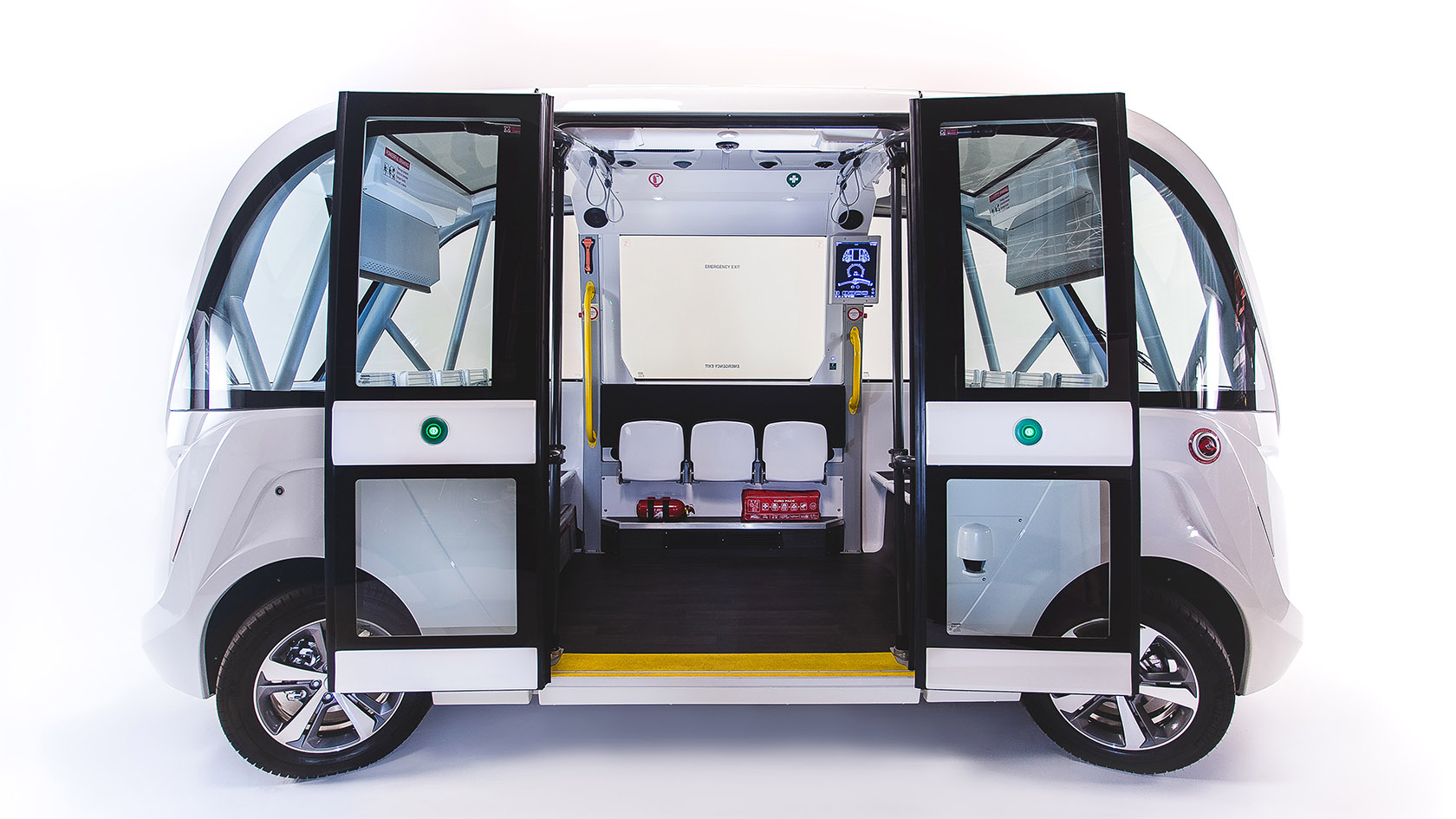 Photograph of self driving vehicle with its doors open