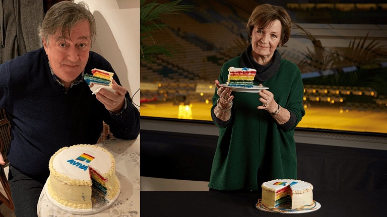 Delia Smith holding her rainbow cake in support of LGBT inclusivity in sport, and Stephen Fry eating a slice