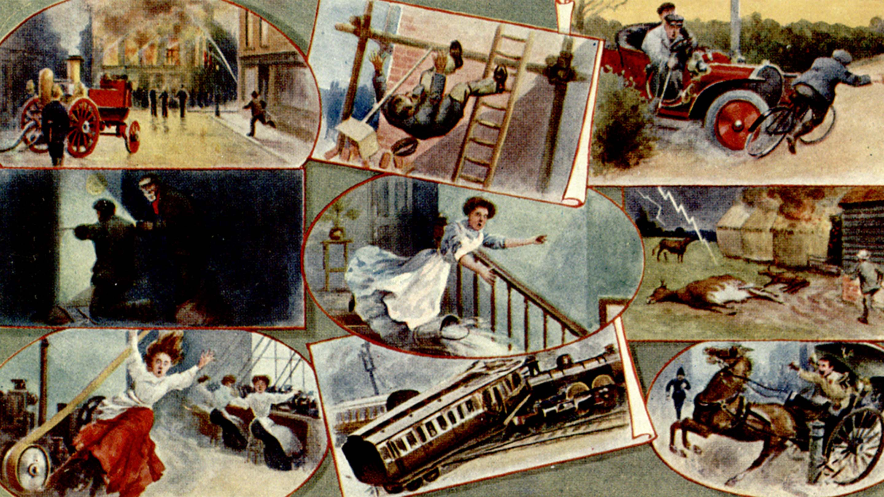 Old marketing poster showing hand-drawn illustrations of accidents and mishaps
