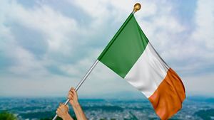 Picture of a person holding up the irish flag