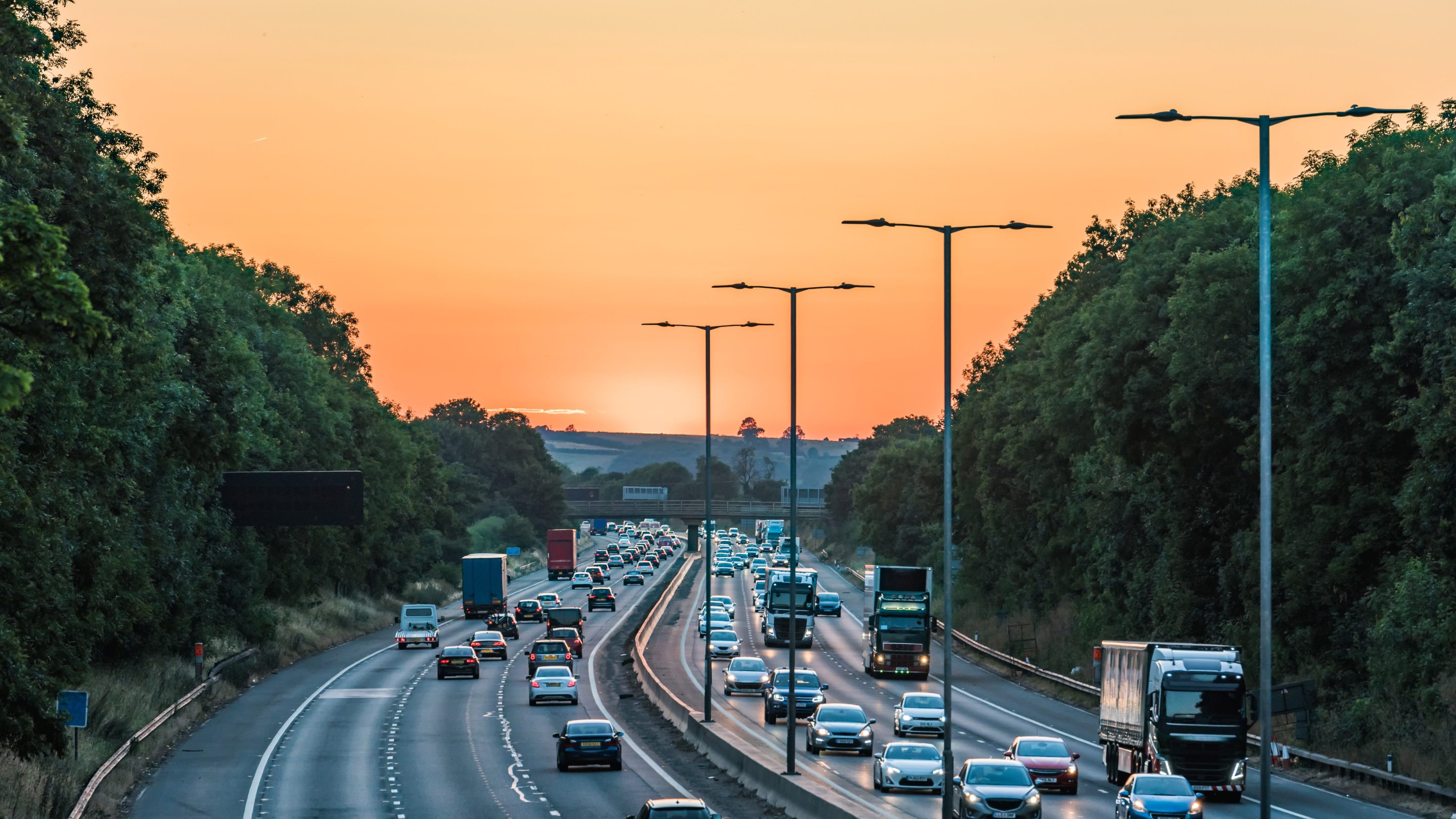 Sunset over UK motorway