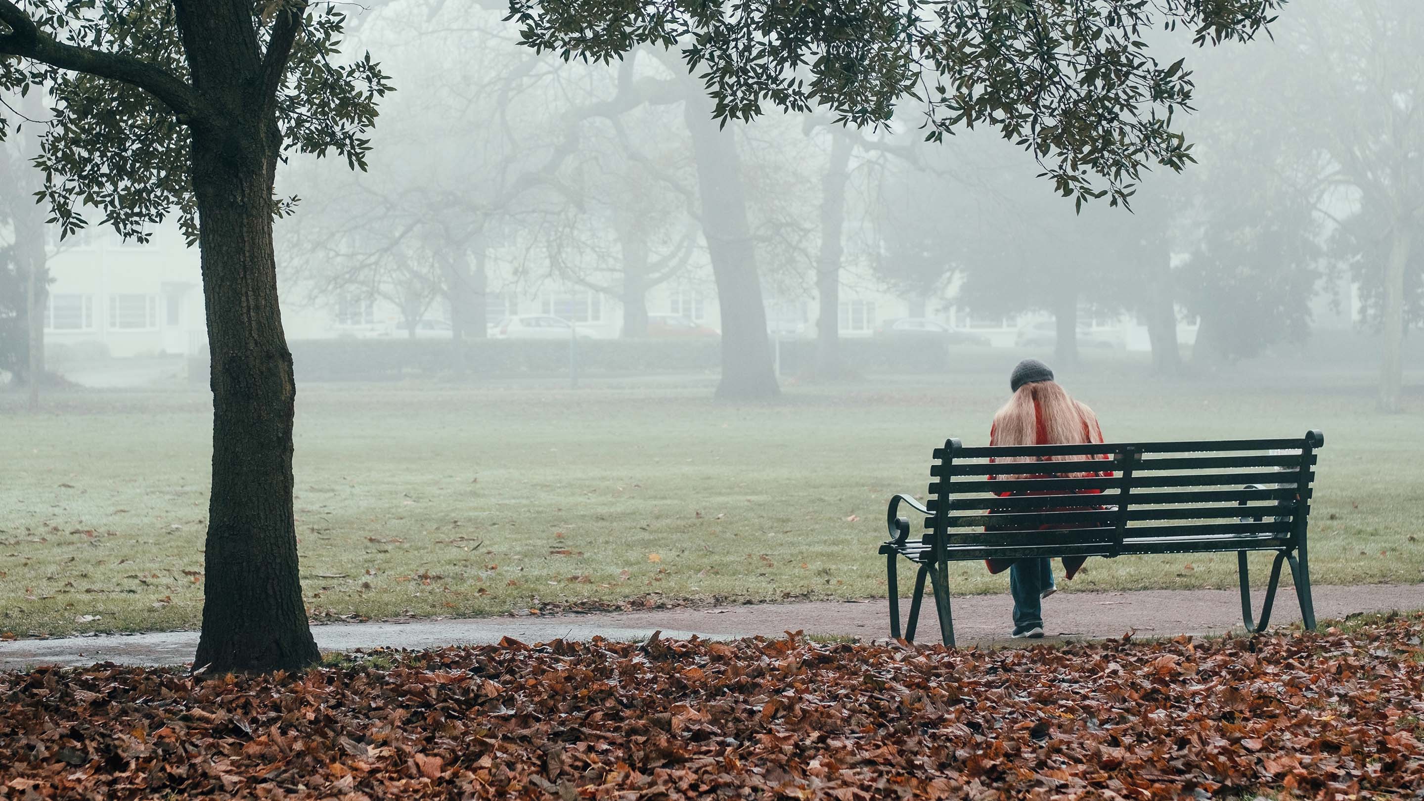 Person sitting alone on a park bench in autumn