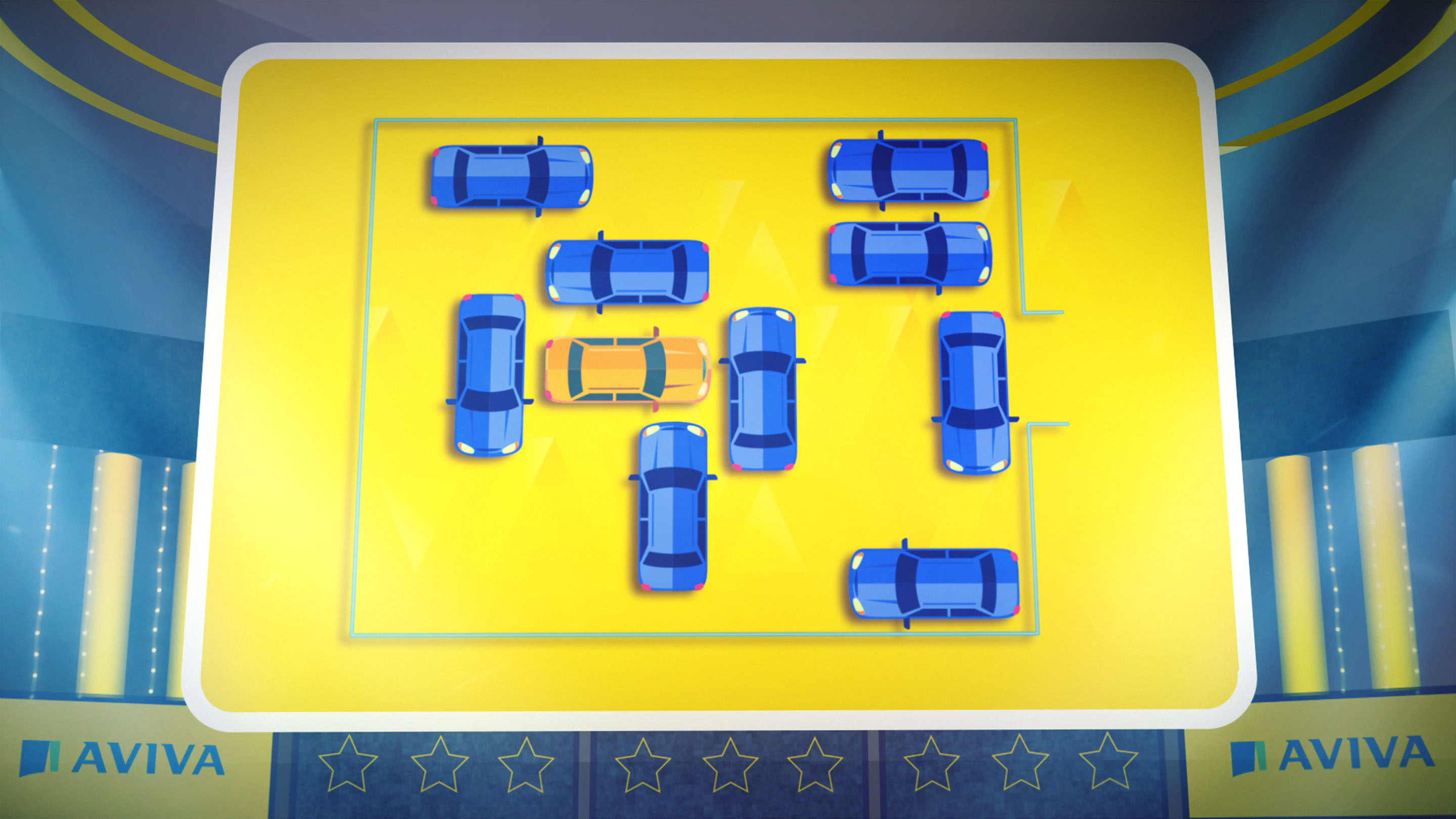 Puzzle involving cars. There is one yellow car surrounded by many blue cars.