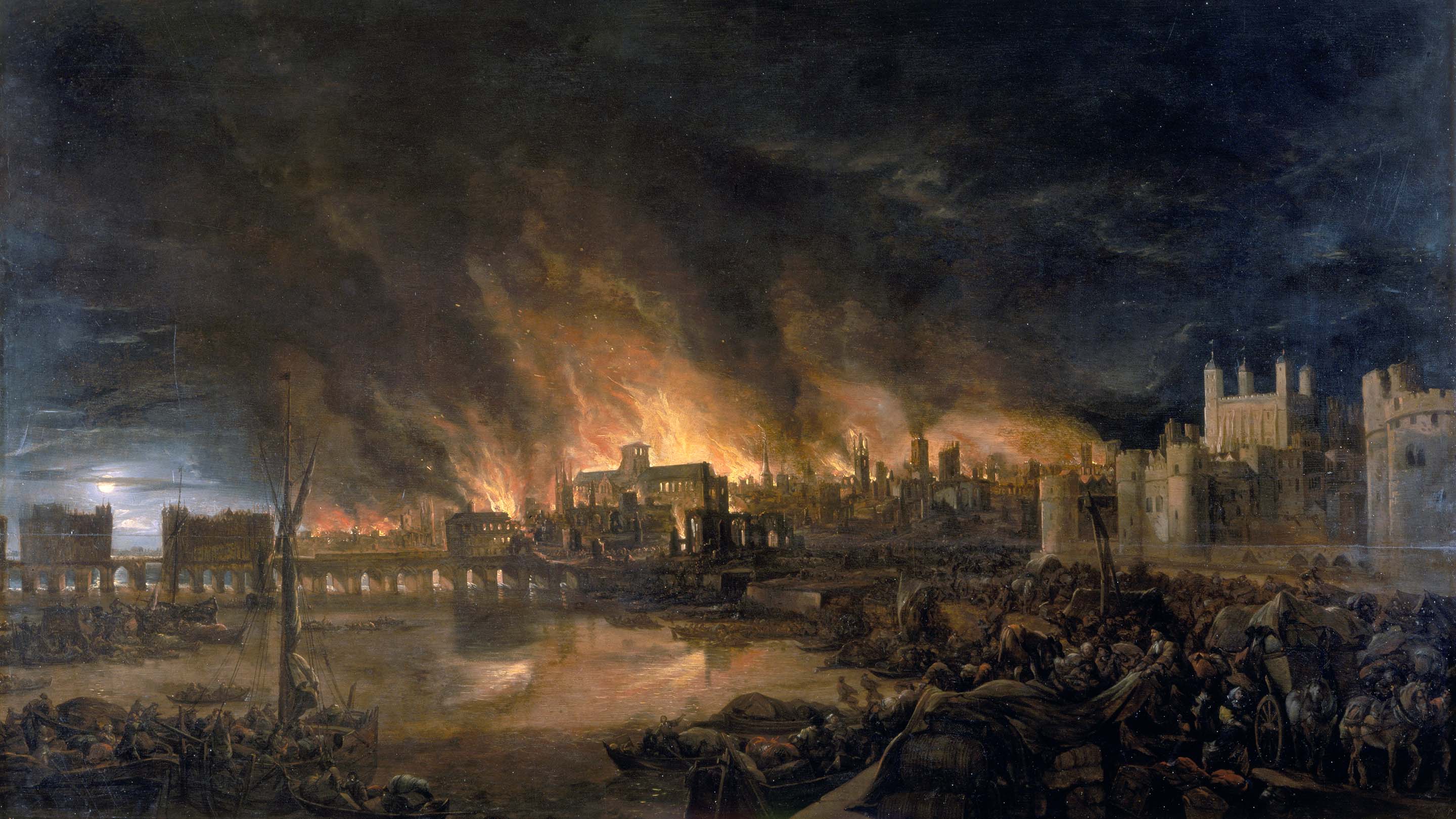 This painting shows the great fire of London as seen from a boat in vicinity of Tower Wharf. The painting depicts Old London Bridge, various houses, a drawbridge and wooden parapet, the churches of St Dunstan-in-the-West and St Bride's, All Hallow's the Great, Old St Paul's, St Magnus the Martyr, St Lawrence Pountney, St Mary-le-Bow, St Dunstan-in-the East and Tower of London