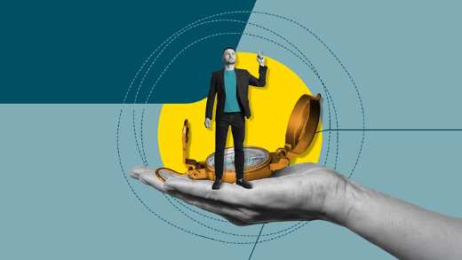Illustration of a person standing on a compass held in a hand, symbolising investment guidance, decision-making and navigating markets.