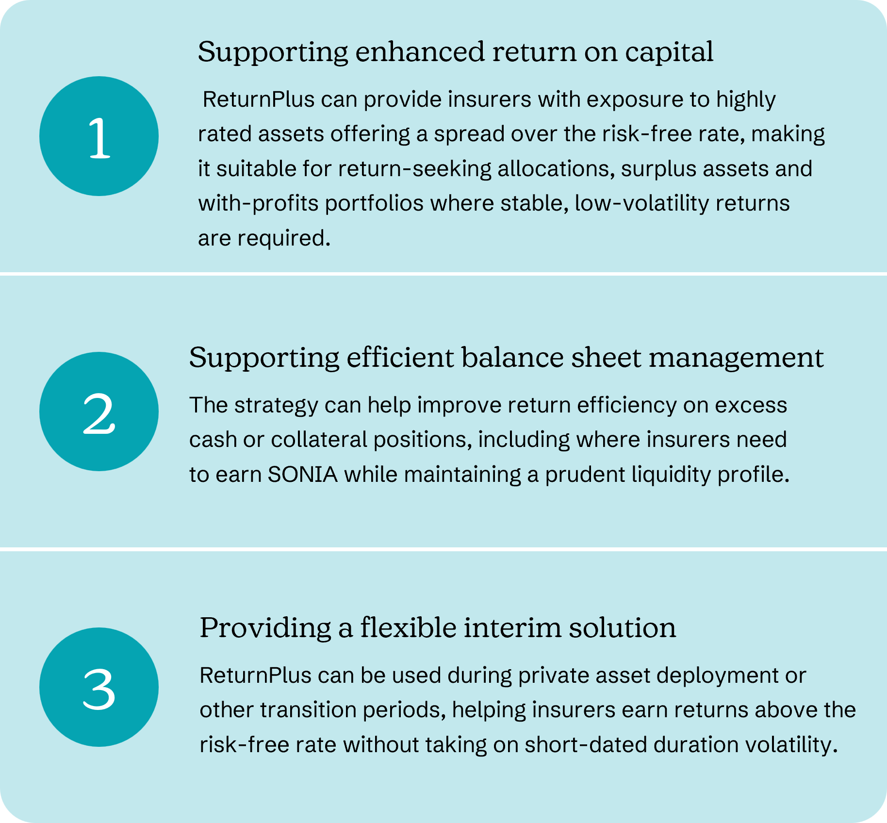 Diagram illustrating three uses of the ReturnPlus strategy for insurers: enhancing return on capital, improving balance sheet efficiency, and providing a flexible interim solution during asset deployment and transition periods.