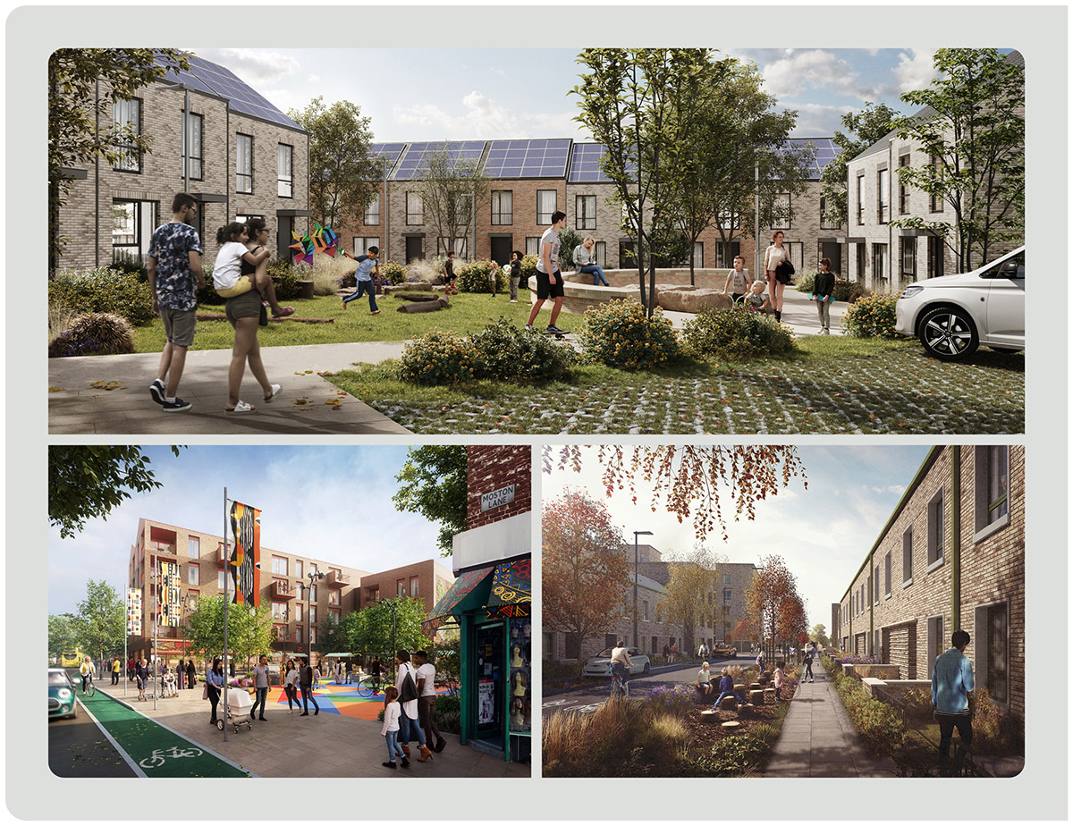 Architectural visualisation of a sustainable residential neighbourhood, showing modern brick homes with solar panels, landscaped communal green spaces and people walking, cycling and gathering outdoors