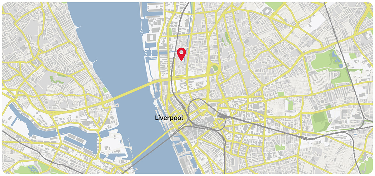 Street map of Liverpool highlighting a location north of the city centre. The map shows major roads, the waterfront, parks and surrounding urban areas, with a red pin indicating the development site