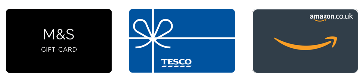 Images of the three gift cards on offer: M&S Gift Card; Tesco's Gift Card; Amazon.co.uk Gift Card