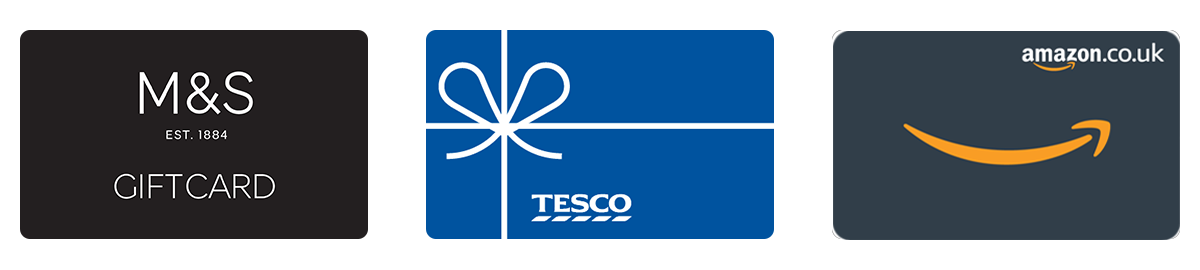 Images of the three gift cards on offer: M&S Gift Card; Tesco's Gift Card; Amazon.co.uk Gift Card