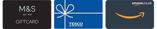 Images of the three gift cards on offer: M&S Gift Card; Tesco's Gift Card; Amazon.co.uk Gift Card