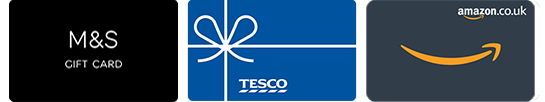 Images of the three gift cards on offer: M&S Gift Card; Tesco's Gift Card; Amazon.co.uk Gift Card