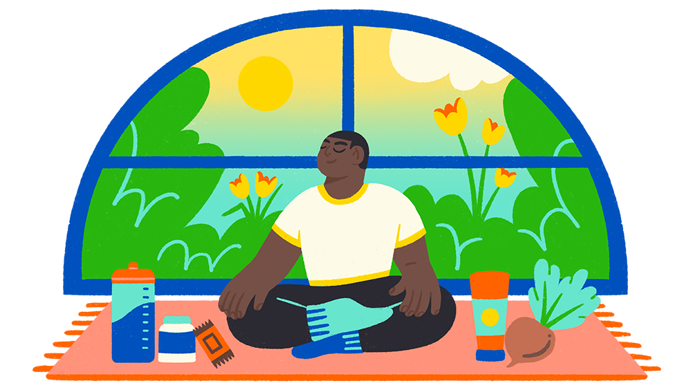 Illustration of man sitting cross-legged on rug and meditating surrounded by healthy food and drink