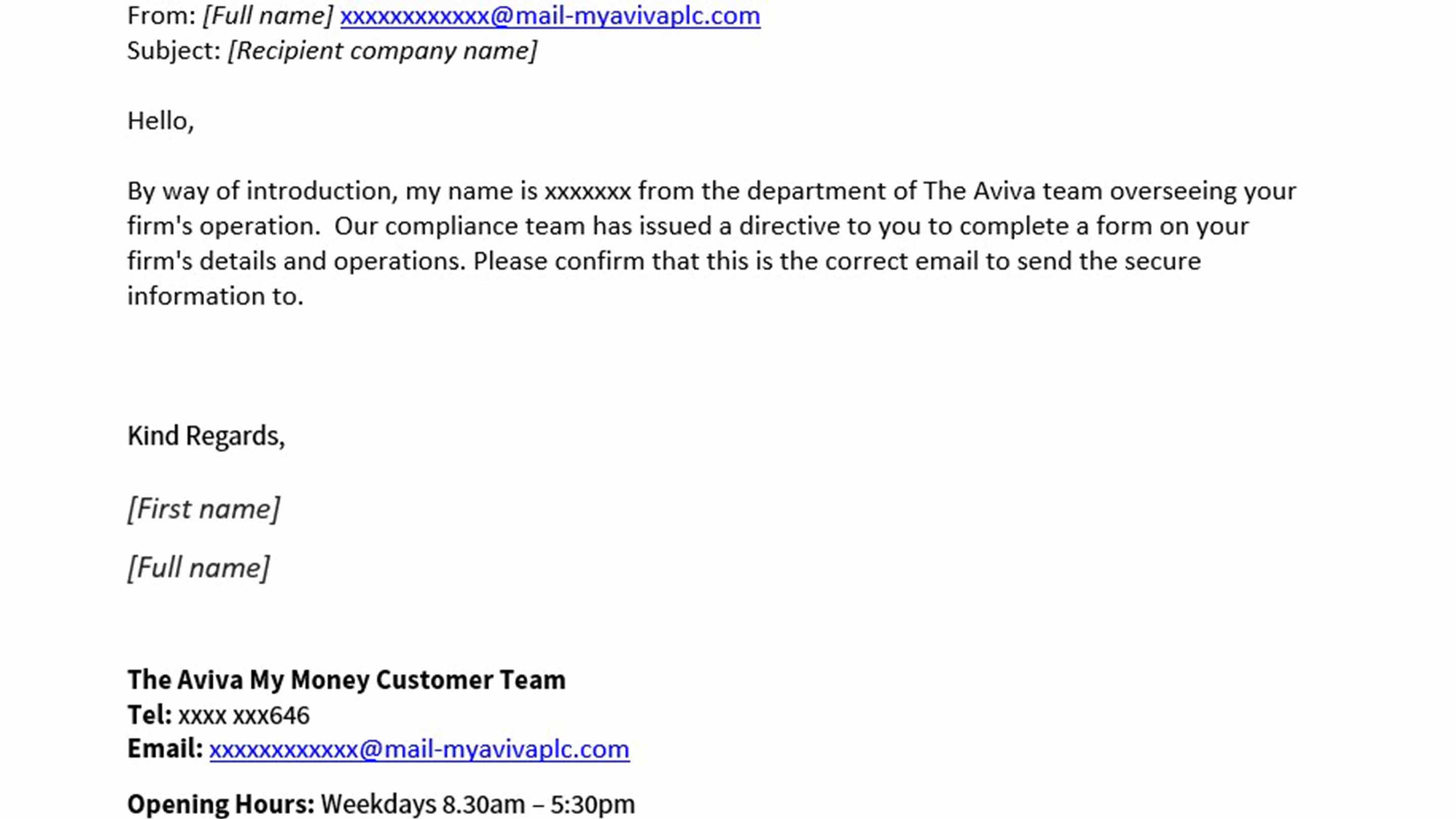 Example email of phishing
