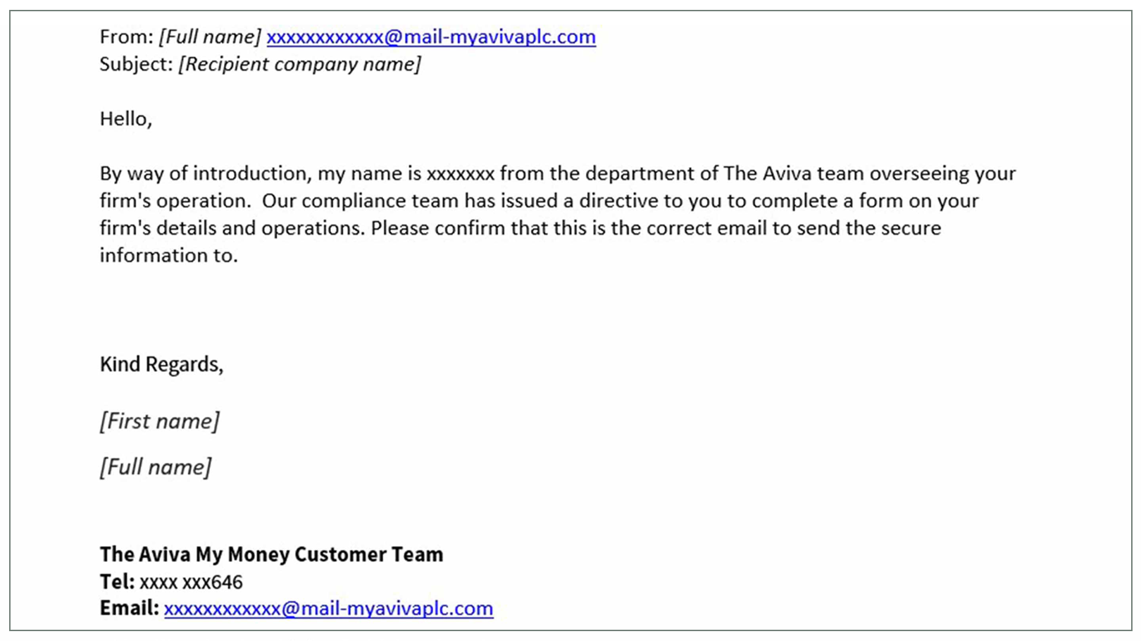 Example phishing email from fake Aviva My Money team 