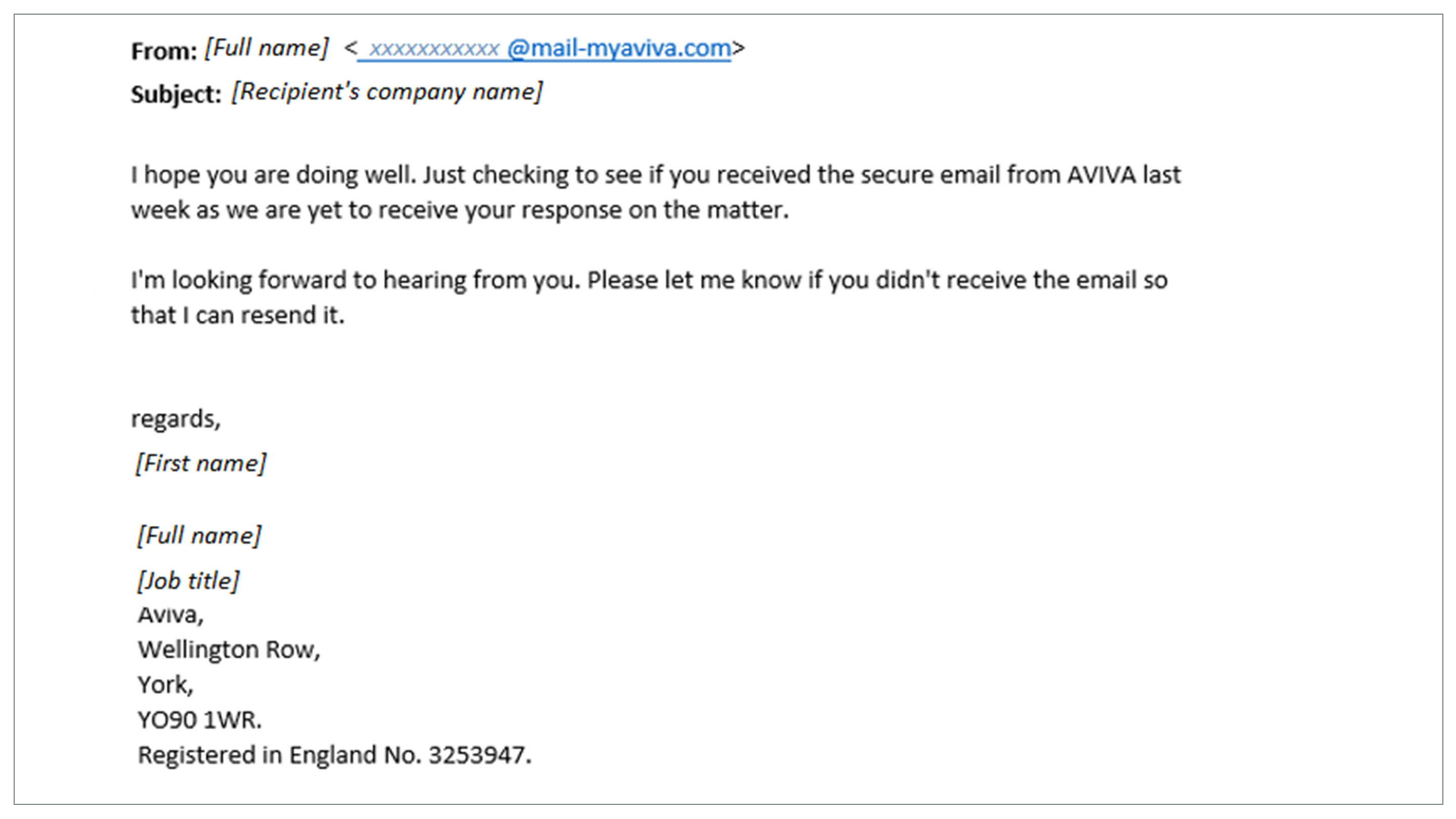 Example phishing email posing as Aviva