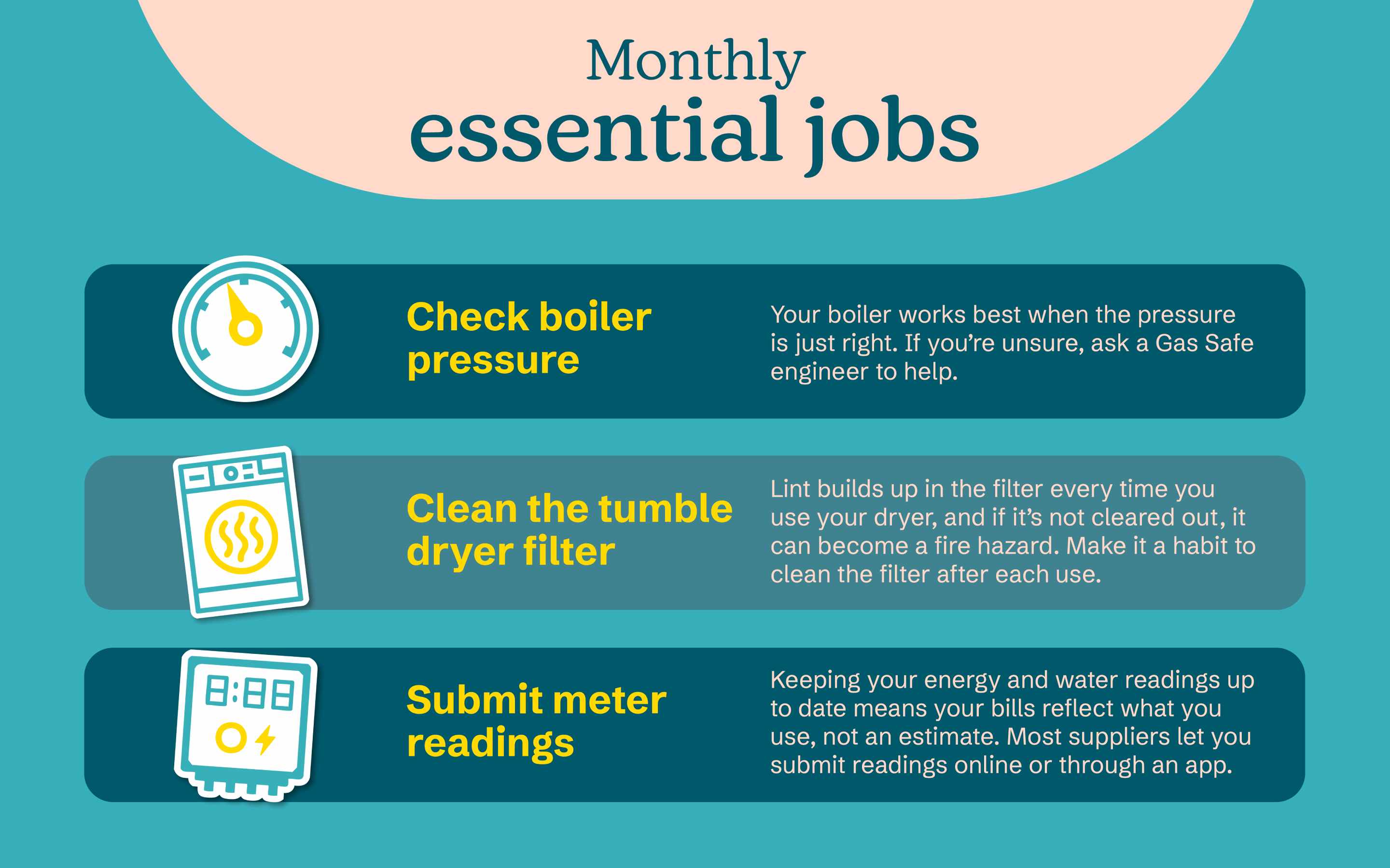 Your monthly essential jobs could include checking boiler pressure, cleaning the tumble dryer filter and submitting meter readings
