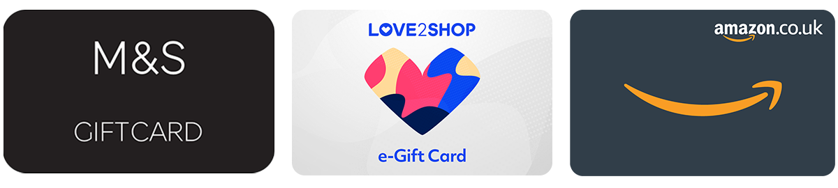 Images of the three gift cards on offer: M&S Gift Card; Love2shop Gift Card; Amazon.co.uk Gift Card