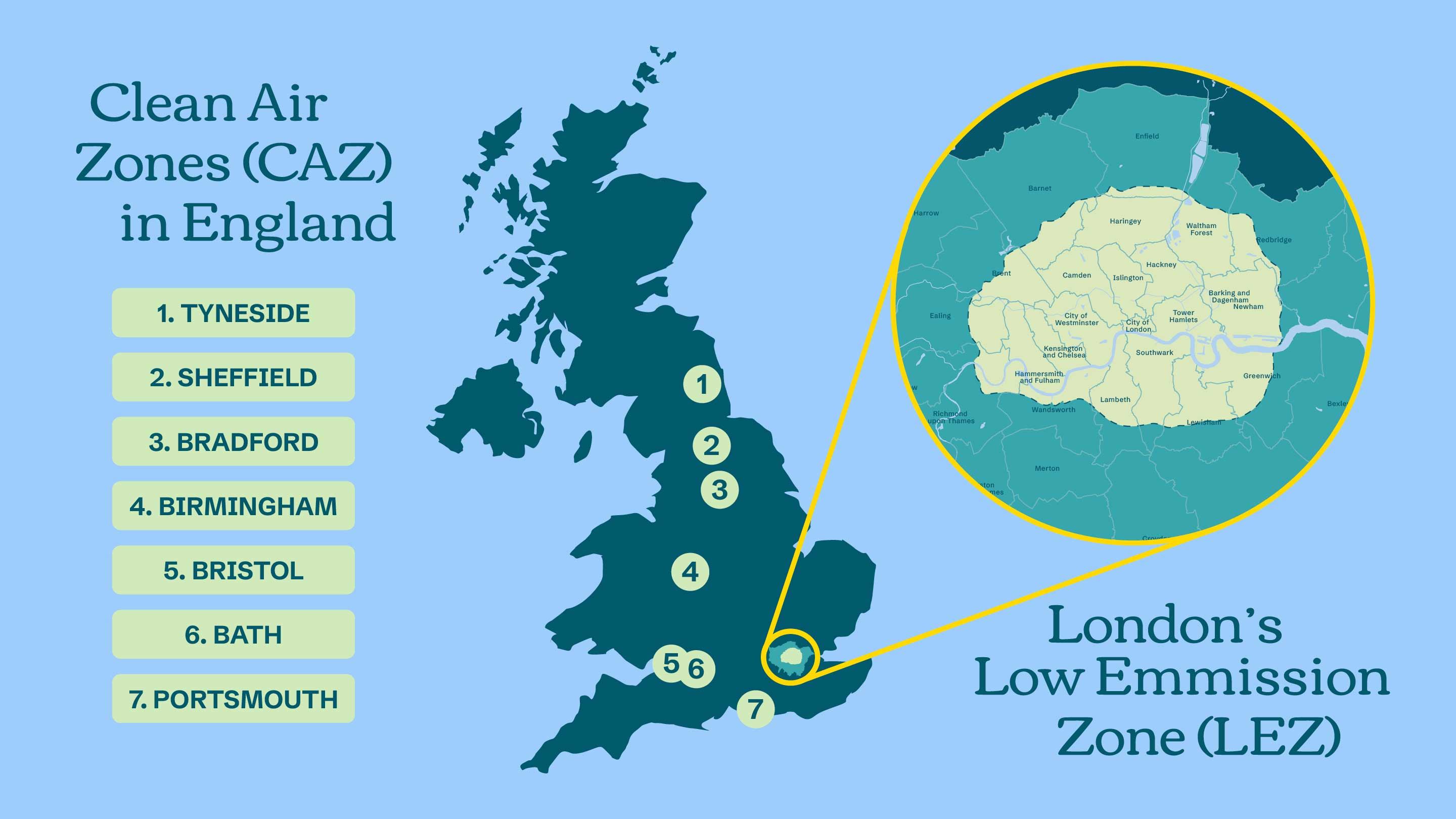 UK cities with low emission zones or clean air zones map