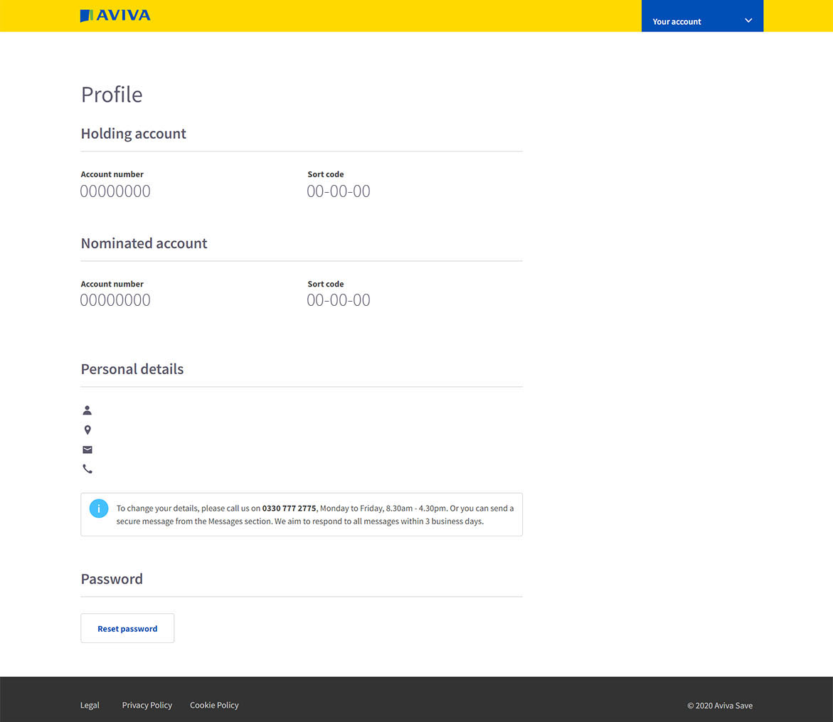 A screenshot of how to amend personal details within Aviva Save marketplace