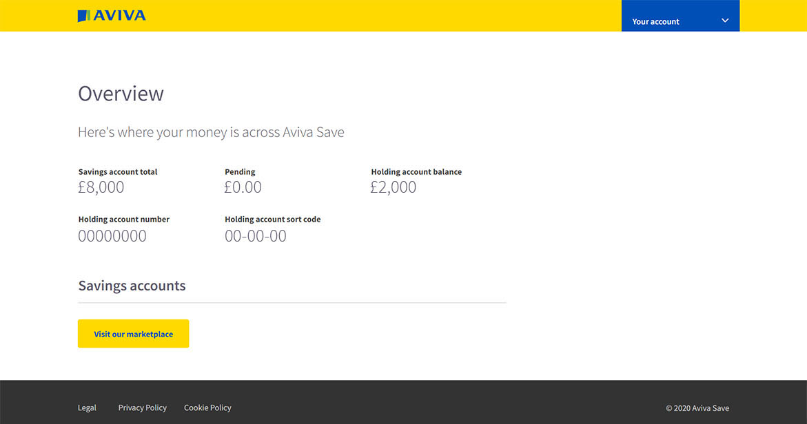 A screenshot depicting the bank overview screen in Aviva Save marketplace