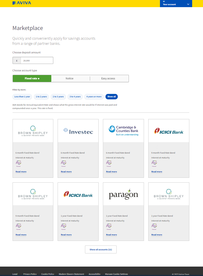 A screenshot of the Aviva Save marketplace, showcasing the banks available 