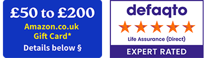 Amazon gift card incentive roundel and Defaqto Life Assurance Direct Expert Rated logo