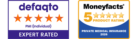 Defaqto PMI Individual expert rated logo and Moneyfacts 5 star private medical 2026