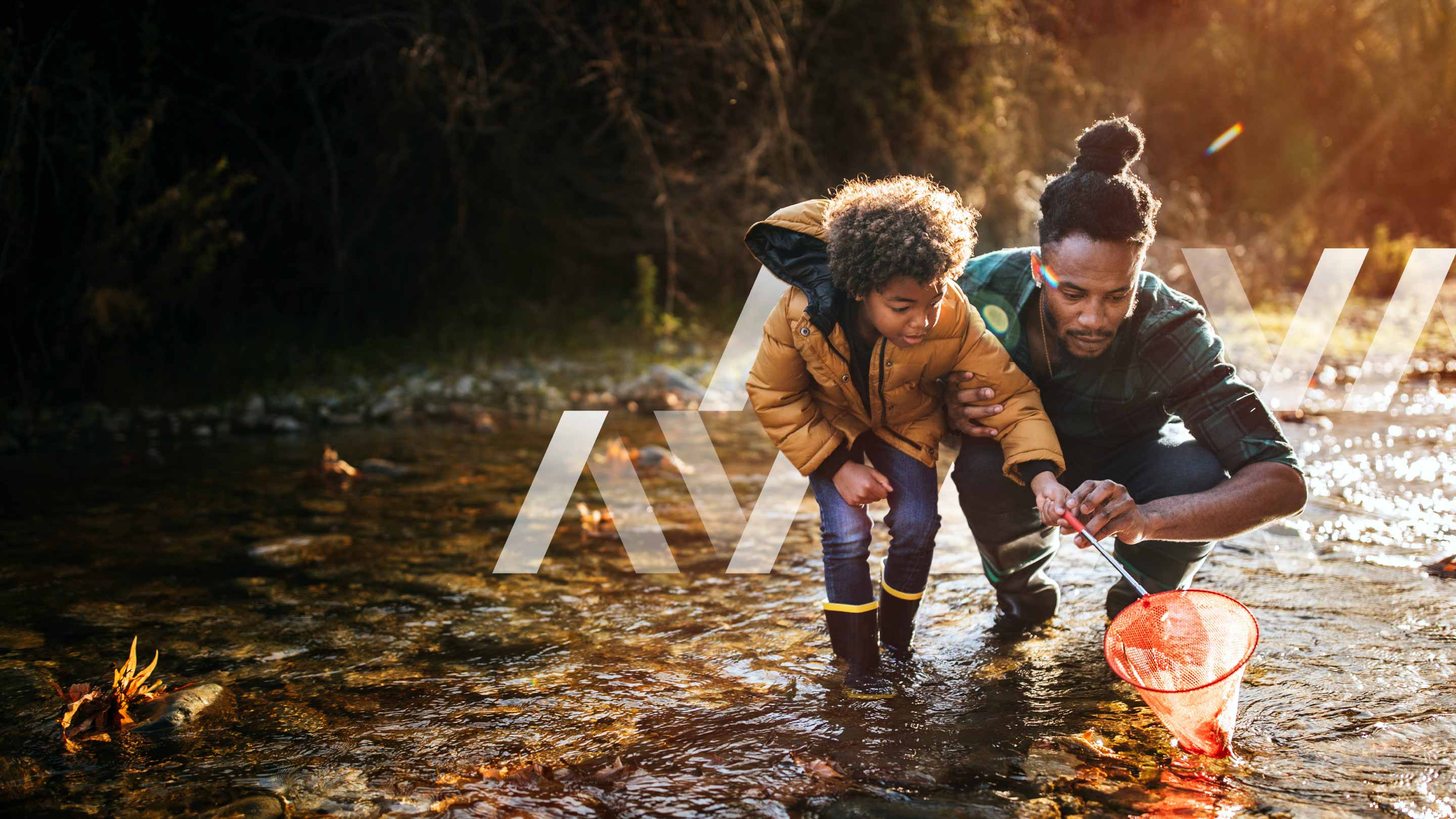 Parent and young child rock pooling in a shallow stream