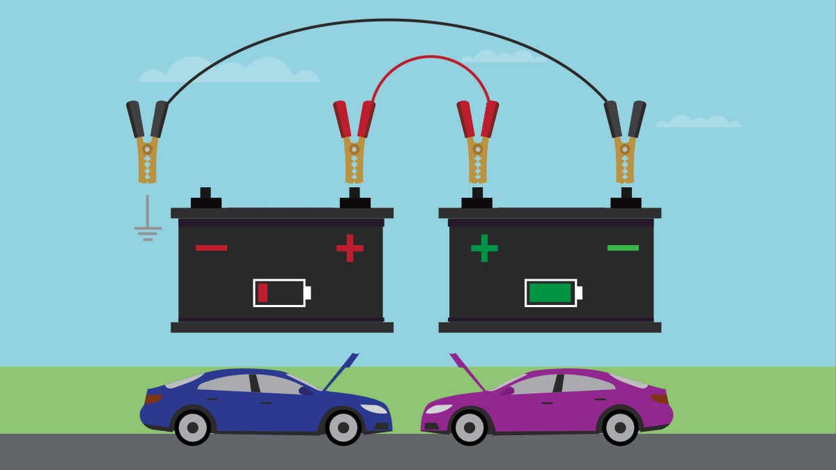 How to jump start a car illustration - Connect red and black jump leads