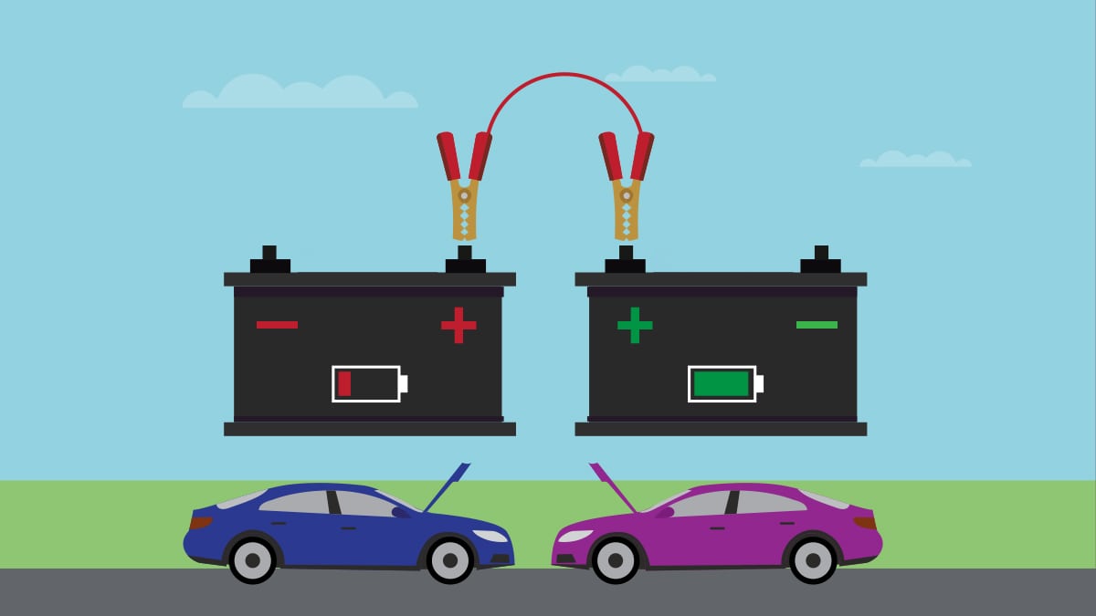 Jump start a car with jump leads illustration - Connect red jump leads